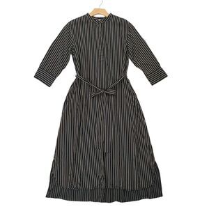 Uniqlo Midi Dress Womens Large Black Striped 3/4 Sleeve Rayon Tie Front Preppy